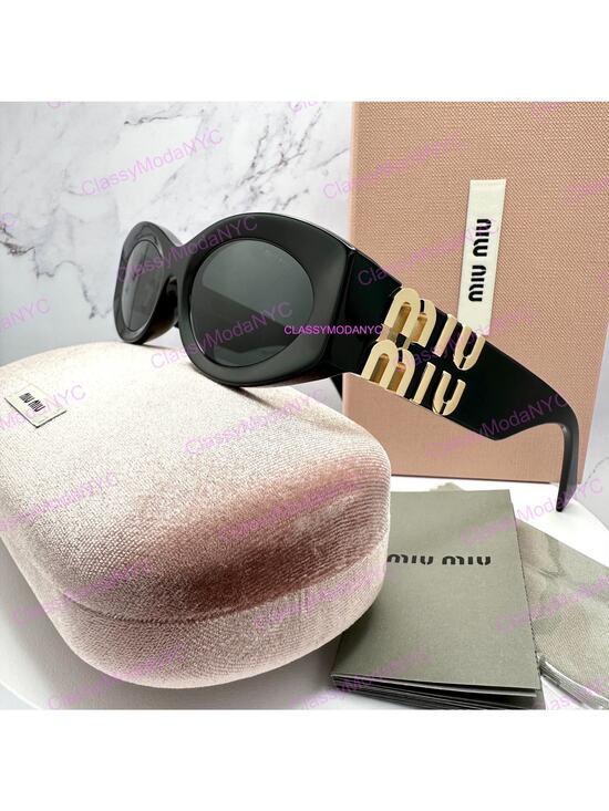 New MIU MIU Sunglasses Black Oval Acetate Gold Metal Logo Authentic Womens main image 12